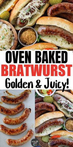 oven baked bratwurst with golden and juicy in the middle, served on buns