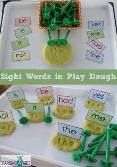 the sight words in play dough are displayed on a tray