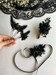 🖤Natural flower black accessory set . Perfect for weddings, other celebrations or everyday look.🖤 Choose: /Boutonniere/Hair pins(3 pcs)/Bracelet The hairpins are made of preserved and dried flowers and other trinkets used for arranging :) It's a fragile natural material that can fall off, especially during transport. But it is not a fault of the product. Handle the product with care When stored in dry and dark place, our products last 10-15 years. We can also make you other matching accessorie Black Boutonniere, Gothic Wedding Hair, Black Gothic Wedding, Flower Hair Piece, Gothic Hairstyles, Flower Hair Pieces, Bridesmaid Hair Accessories, Flower Comb, Wedding Hair Comb