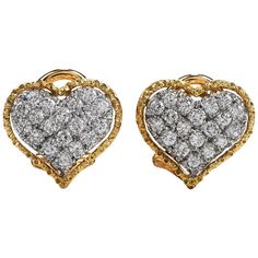 Buccellati brings the "everyday wear" into a Luxury level with these delicate Earrings! Crafted in Solid 18K Yellow & White Gold, These Heart Motif earrings are the perfect fit for a modern woman, who likes to shine everywhere she goes! With a Cluster Pave set Design of 38 Round Cut Diamonds with a total carat weight of 0.60 cts, G-H color, VS clarity. Both Earrings are in Excellent condition, and they have Clip On backs for Non-pierced Ears, Weight: 5.1 Grams Measurements: 12 mm x 14 mm Buccellati & Purity Hallmarked. Accompanied by an official appraisal document. Heart Clip, Heart Motif, Yellow Gold Wedding Band, Indian Wedding Jewelry, Earring Crafts, Delicate Earrings, Gold Heart, Vintage Diamond, Antique Rings