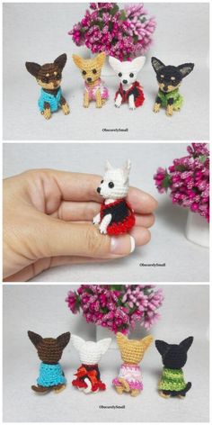 small crocheted animals are shown in three different poses, one is wearing a dress and the other is holding a vase with flowers