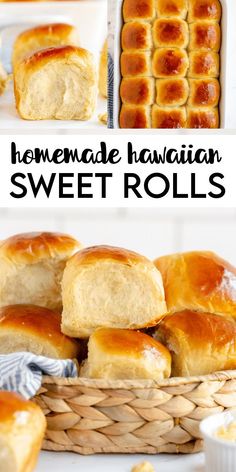 homemade hawaiian sweet rolls in a wicker basket with text overlay that reads homemade hawaiian sweet rolls