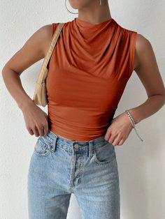 Burnt Orange Casual Collar  Fabric Plain Tank Embellished Slight Stretch  Women Clothing Orange Top Outfit, Burnt Orange Top, Ruched Tank Top, Draped Collar, Couture Mode, Women Tank Tops, Street Style Summer, Jeans Casual, Top Tank