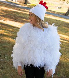 How To Make Cute Chicken Costume Online | JOANN Adult Costumes Diy, Chicken Outfit, Rooster Costume, Couples Costumes Creative, Handmade Halloween Costumes