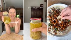 a woman holding a jar filled with food next to another photo and the words stop throwing out