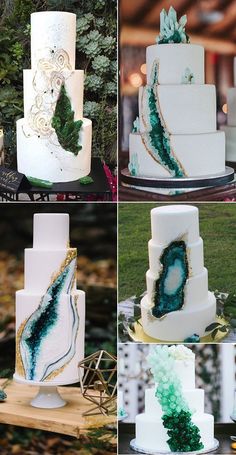 four different wedding cakes decorated with green and white designs on each cake stand, along with greenery