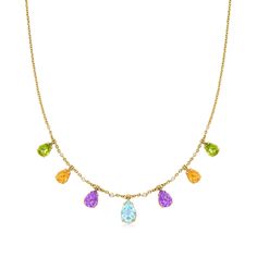 Ross-Simons - 11.90ct t. w. Multi-Gemstone Drop Necklace Over Sterling. 18". An RS exclusive. Draping the neckline in a pretty palette of pastels, this drop necklace suspends 11.70 ct. tot. gem wt. pear-shaped sky blue topaz, amethyst, peridot and citrine gems from an 18kt yellow gold over sterling silver cable cain stationed with shimmery .20 ct. t. w. bezel-set white topaz rounds. Includes a 2" extender. Graduates from 1/2" to 5/8" wide. Lobster clasp, multi-gemstone drop necklace. Peridot bir Elegant Multi-stone Drop Necklaces, Yellow Gold Briolette Gemstone Drop Necklace, Fine Jewelry Gemstone Drop Necklaces, Fine Jewelry Drop Gemstone Necklace, Fine Jewelry Drop Gemstone Necklaces, Fine Jewelry Yellow Gold Drop Necklace With Gemstone, Fine Yellow Gold Gemstone Drop Necklace, Multicolor Drop Gemstone Necklaces, Yellow Gold Drop Gemstone Necklace