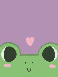 an illustration of a green frog with a heart on its head and eyes, in front of a purple background