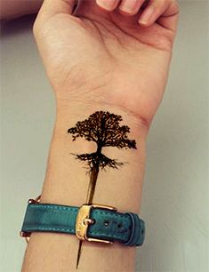 a wrist tattoo with a tree on it