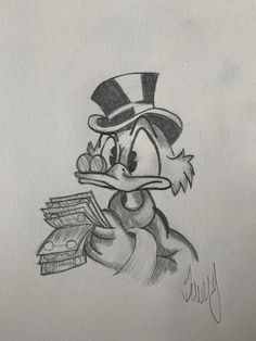 a drawing of donald the duck holding money