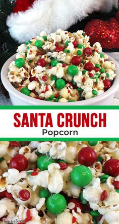 a santa crunch popcorn mix in a white bowl with green and red candies on top