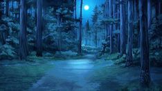 a painting of a path in the middle of a forest at night with a full moon