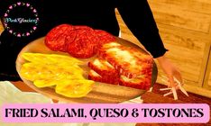 a person holding a plate with food on it and the words fried salami, queso & tostones