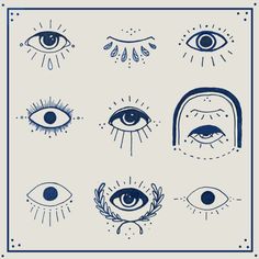 an image of different types of eyes in blue and white ink on a beige background