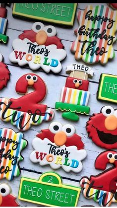 decorated cookies with sesame street characters and words on them for birthdays or special occasions