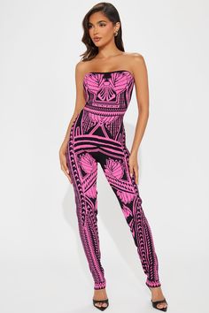 Available In Lime And Fuchsia. Jumpsuit Strapless Straight Legging Stretch Disclaimer Pattern Placement May Vary 90% Polyester 10% Spandex Imported | Bad Gal Bandage Jumpsuit in Fuchsia size Small by Fashion Nova Straight Leggings, Bandage Jumpsuits, Bad Gal, Fashion Nova, Jumpsuit Romper, Spandex, Jumpsuit, Rompers, Clothes For Women