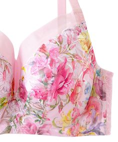 This high-underarm bra is printed with a colorful, vibrant floral pattern embroidered on tulle. It uses a U-shaped wire with a high front center to firmly support breasts prone to sagging and create a rounded, natural bust. By maintaining the bust position without compacting volume, it is ideal for wearers seeking a more stable and secure feel. The high underarm boning and underarm power panels gather and lift worrisome underarm flesh for clean underarm lines. The fabric width of the back belt h Demi Bra, Support Bras, Natural Shapes, Fabric Width, Floral Pattern, Bra, Lace, Floral, Pink