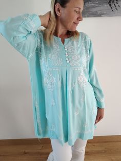 Modal hand embroidered cotton tunic Summer V-neck Tunic With Chikankari Embroidery, Summer Long Sleeve Top With Chikankari Embroidery, Summer Long Sleeve Kaftan With Dabka Work, Summer Long Sleeve Chikankari Embroidered Top, Bohemian V-neck Embroidered Top With Chikankari, Bohemian V-neck Chikankari Embroidered Top, Bohemian Embroidered Top With Chikankari And V-neck, Long Sleeve Chikankari Embroidered Top For Summer, Bohemian Chikankari Embroidered V-neck Top