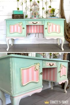 an old dresser painted in pink and green