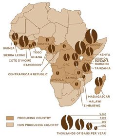 a map with coffee beans on it and the names of each country in different languages