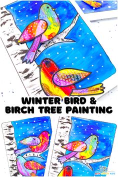 winter bird and birch tree painting project for kids