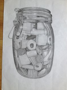 a drawing of a jar filled with items