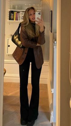 European Winter Outfits Casual, Nyc Cool Girl Outfit, Work Safe Outfits, Indie Nye Outfit, Tan Leather Jacket Outfit Winter, Black Blouse Dress Outfit, Winter Black Outfits Aesthetic, Winter 2023 Going Out Outfits, 2000s Professional Outfits