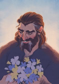 a painting of a man with long hair and beard holding a bouquet of flowers in his hands