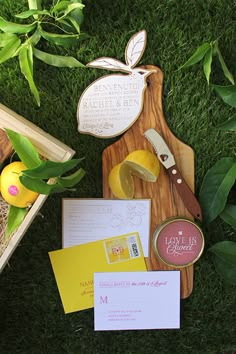 a cutting board, scissors and other items are on the grass next to each other