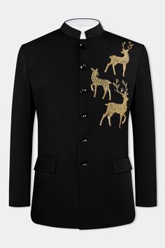 Step into a realm of unmatched elegance with our Jade Black Wool Rich Deer Hand Crafted Embroidered Bandhgala Designer Blazer. The meticulous artistry of deer-inspired hand embroidery graces the bandhgala collar, adding an exquisite touch to this ensemble. Perfect for those seeking refined luxury, this Blazer is a tribute to artisanal mastery and a true testament to your discerning taste. In addition to being constructed from Imported Superior Fabrics, French crown Blazers are built with top qua Jodhpuri For Men, Blazer For Men, Deer Design, Blazer Designs, Blazers For Men, Black Wool, Maternity Clothes, Wool Blend, Deer