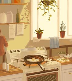 a kitchen scene with an oven, potted plant and eggs on the stove top