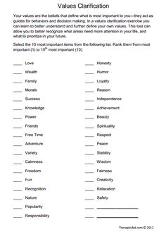 Values Clarification Preview Relationship Values Worksheet, Group Worksheets, Values Clarification, Relationship Values, Relationship Worksheets, Marriage Issues, Save Your Marriage, Work Success, Relationship Therapy