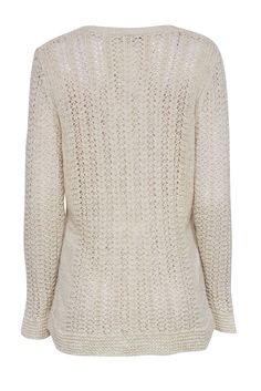 Welcome those breezy summer nights in style with a cozy-chic cardigan from Lafayette 148. This charming crochet number features a flattering v-neck and versatile cream hue, perfect for adding a lovely layer to any look. Throw it on over a bikini and you're ready for an evening stroll on the beach! 66% Cotton, 34% Polyamide Front button V-neck Bust 38" Waist 33" Shoulder to hem 29" Sleeve length 28.5" Beige Knitted V-neck Cardigan, Chic V-neck Textured Knit Cardigan, Beige Knit V-neck Cardigan, Chic V-neck Crochet Top For Fall, V-neck Pointelle Knit Cardigan, Fall V-neck Crochet Top, Spring V-neck Pointelle Knit Cardigan, Beige Textured Knit V-neck Cardigan, Spring Layering Pointelle Knit V-neck Sweater