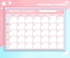 a pink and white planner with stars on the side, in front of a blue background