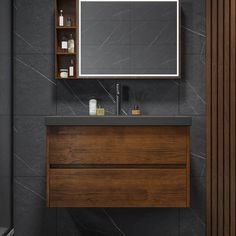 a bathroom vanity with a mirror above it and shelves on the wall next to it