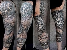 three different views of a man's leg with tattoos on it and the bottom half of