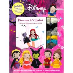 the crochet pattern for princesses and villain dolls is shown in front of a pink background