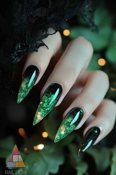 Nails Painted Underneath, Whimsical Acrylic Nails, Gel X Nail Designs Green, Black Green Halloween Nails, Twilight Themed Nails, Sage And Black Nails, Spooky Green Nails, Forest Witch Nails, Orange And Green Halloween Nails