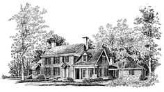 a black and white drawing of a house with lots of trees in the front yard