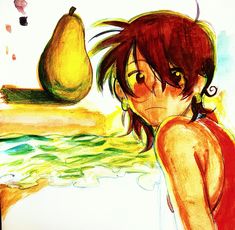 a drawing of a girl next to a pear