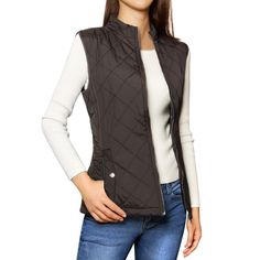 Stay cozy in this padded gilet vest outfitted with a stand collar, slanted front pockets with toggle closures, and utility-chic zipper for a customized fit.It's the perfect layering choice to pair with a long-sleeve top or even a high neck sweater.It is perfect for fall, wear yours for a cute look when out for fun.Team with plaids shirt and jeans for a simple yet stylish finish. Size: medium. Color: brown. Gender: female. Age Group: adult. Pattern: Solid. Material: Polyester. Chaleco Casual, Padded Vest, Womens Puffer Vest, High Neck Sweater, Quilted Vest, Vest Fashion, Vest Outfits, Woman Standing, Sleeveless Vest