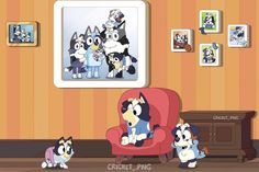 a family of cartoon dogs sitting in a living room with pictures on the wall behind them