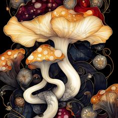 a painting of mushrooms and leaves on a black background