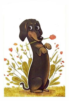 a painting of a dachshund holding a flower in it's mouth