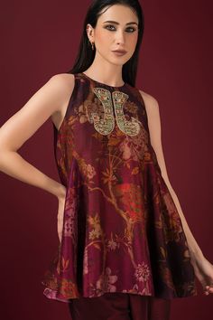 Maroon flared printed peplum kurta with embroidered buttas. Paired with a solid stain color tulip pant. - Aza Fashions Solid Stain Colors, Tulip Pants, Solid Stain, Satin Color, Stain Colors, Pants Pattern, Pant Set, Raw Silk, Set For Women