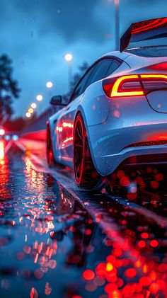 the back end of a white car on a wet street at night with red lights