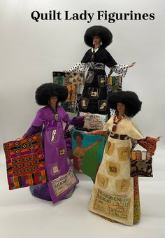 Introducing the Quilt Lady Figurines - a celebration of the tradition of quilt making.  These figurines are displays of the artistry and skillful hands of women who sewed together fabrics and threads.  The Quilt Lady Collection pays homage to the creative spirit of women, and the vital preservation of passing down cultural heritage. Her dress unfolds like a canvas, adorned with pockets, each filled with the tools used in crafting the mini quilt she holds in one hand and the handbag filled with fabric that she holds in the other. Each pocket is a narrative: The SCISSORS, tucked within the pocket is used to cut fabric and shape the creation of the quilt.  The SEWING MACHINE symbolizes the evolution of quilting, bridging the gap between traditional hand-sewing and modern-day technology.  A TH African American Figurines, Black Figurines, African American Quilts, African Quilts, African Dolls, Collage Art Projects, American Quilt, American Dolls, African American Dolls