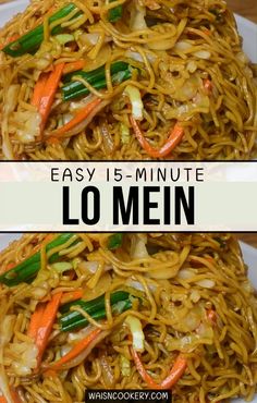 two plates with noodles, carrots and green onions on them that have the words easy 15 - minute lo mein