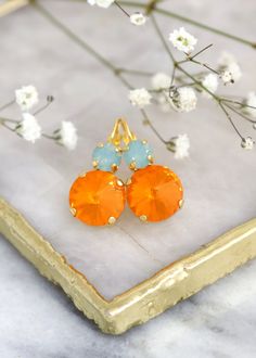 Mint Coral Opal Orange Tangerine Drop Earrings Earrings - Etsy Nickel Free Orange Jewelry For Party, Nickel-free Orange Jewelry For Party, Elegant Nickel-free Orange Earrings, Elegant Orange Nickel-free Earrings, Orange Teardrop Jewelry With Matching Earrings, Party Orange Earrings With Ear Wire, Orange Pierced Earrings For Wedding, Orange Teardrop Jewelry For Wedding, Nickel Free Orange Earrings For Party