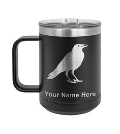 a black and silver mug with a bird on it's side that says your name here